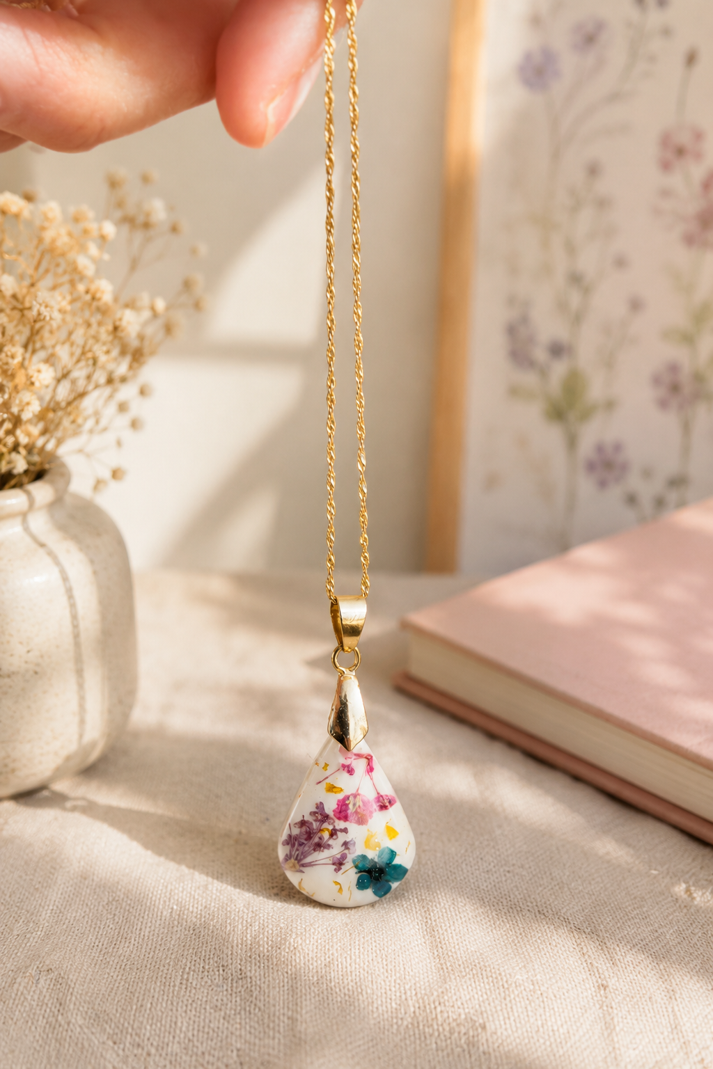 Joias Tons - Par de Brincos, Anel e Pingente em Resina com Flores Reais - Imagem 4